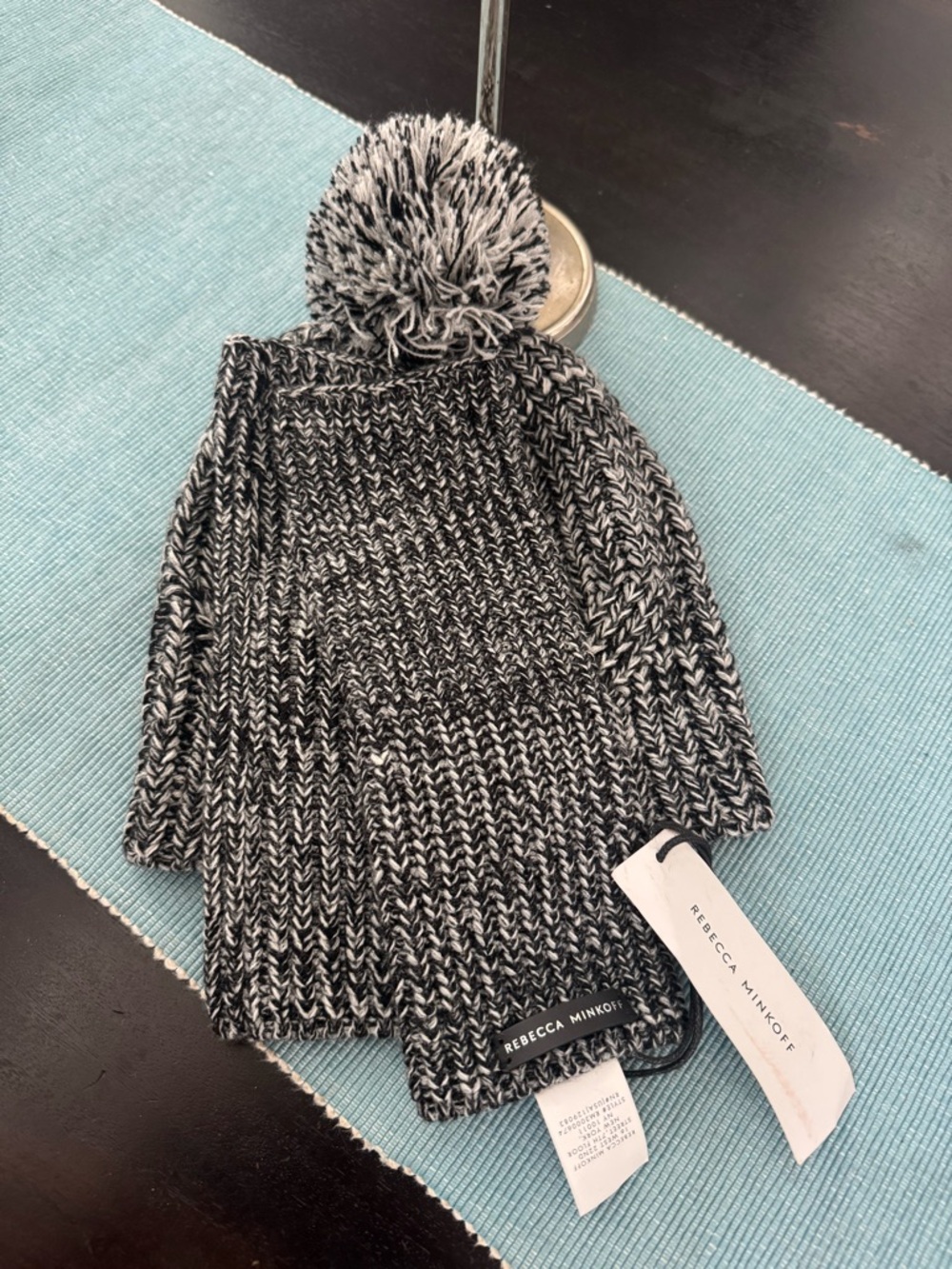 Rebecca Minkoff Black & White Knit Pom Beanie and warmers